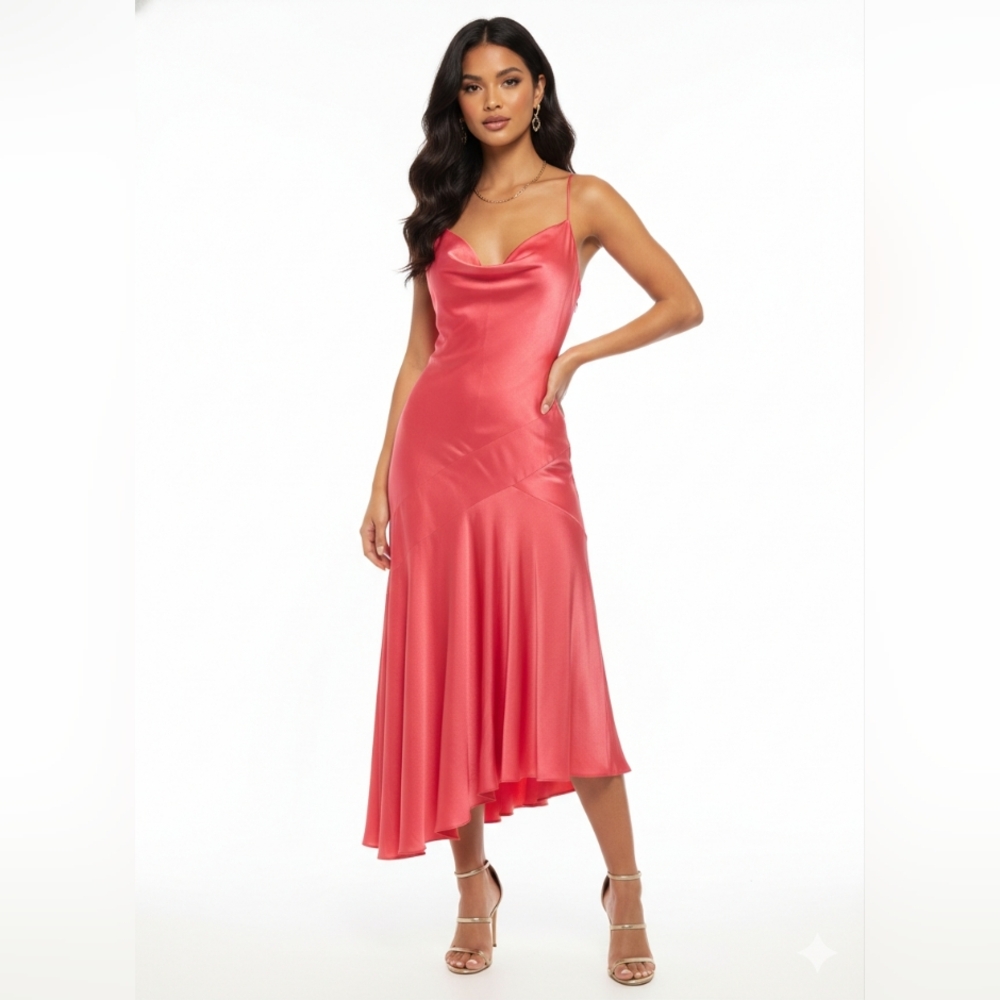 BCBGMAXAZRIA 100% Silk Fuchsia Hot Pink Asymmetrical Cowl Neck Midi Dress